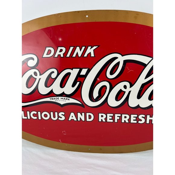 Vintage Drink Coca Cola Delicious And Refreshing Oval Tin Sign 28" x 15" - Picture 3 of 8